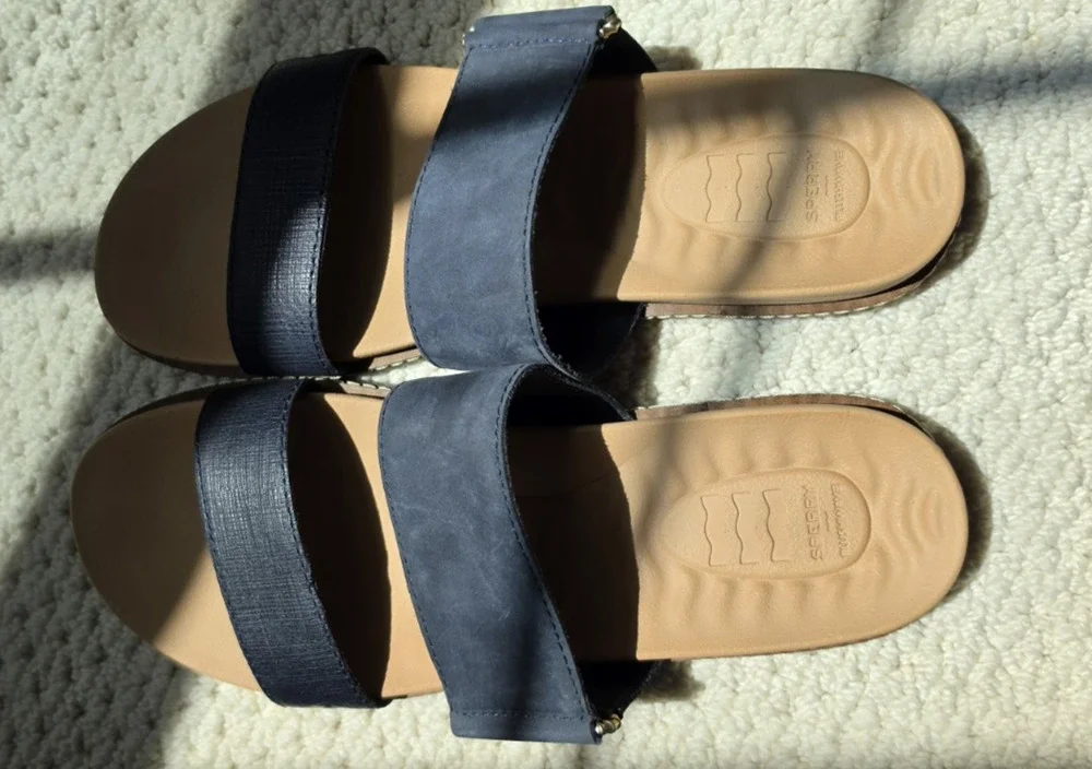 Sperry Plushwave Top-Sider Slide Sandals Navy & Tan NEW beach shoes A22-62018